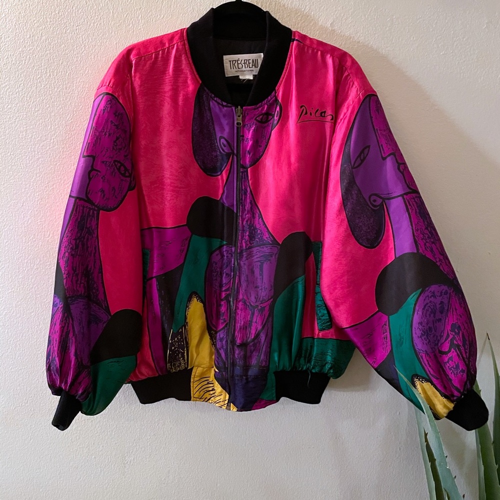 Trés-Beau Satin Bomber Jacket with Picasso Print